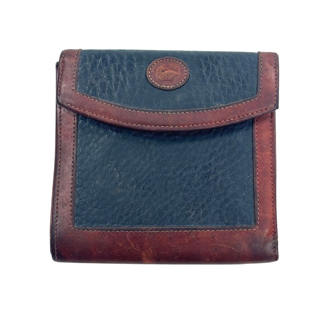 VTG Dooney & Bourke Leather Wallet Navy Blue Snap Fold Square Coins Cards